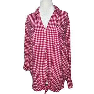 Women’s Pink Gingham Button Up Blouse Shirt SZ L  Front Tie Picnic Style Top